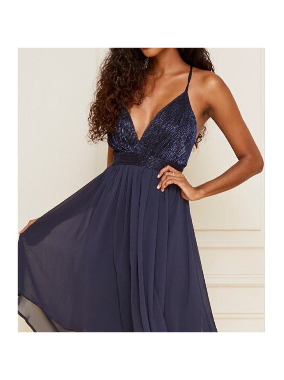 Le Chateau Navy Blue Metallic Knit Deep-V Fit & Flare Dress Size XXL - Picture 7 of 7